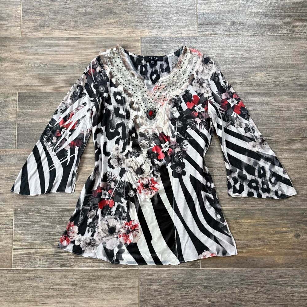 Whimsigoth grunge fairy multimedia animal print beaded blouse